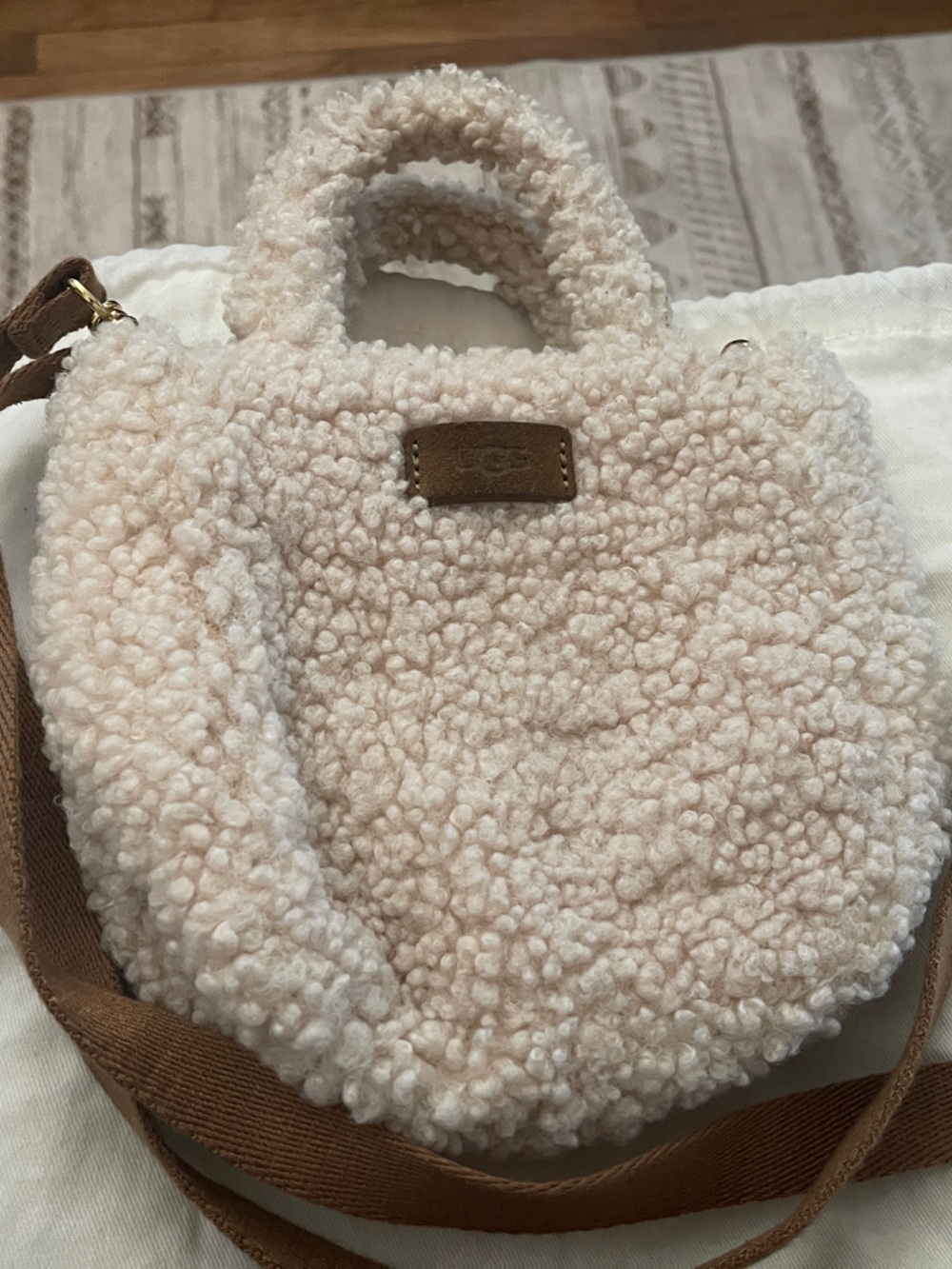 UGG Cream Sherpa Crossbody Tote with Brown Strap